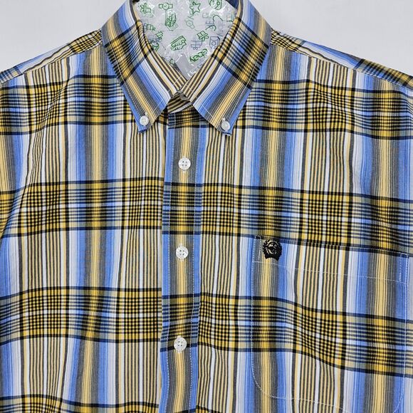 Cinch Shirt Mens Large Button Down Western Plaid Blue Yellow Short Sleeve Rodeo - Picture 2 of 9